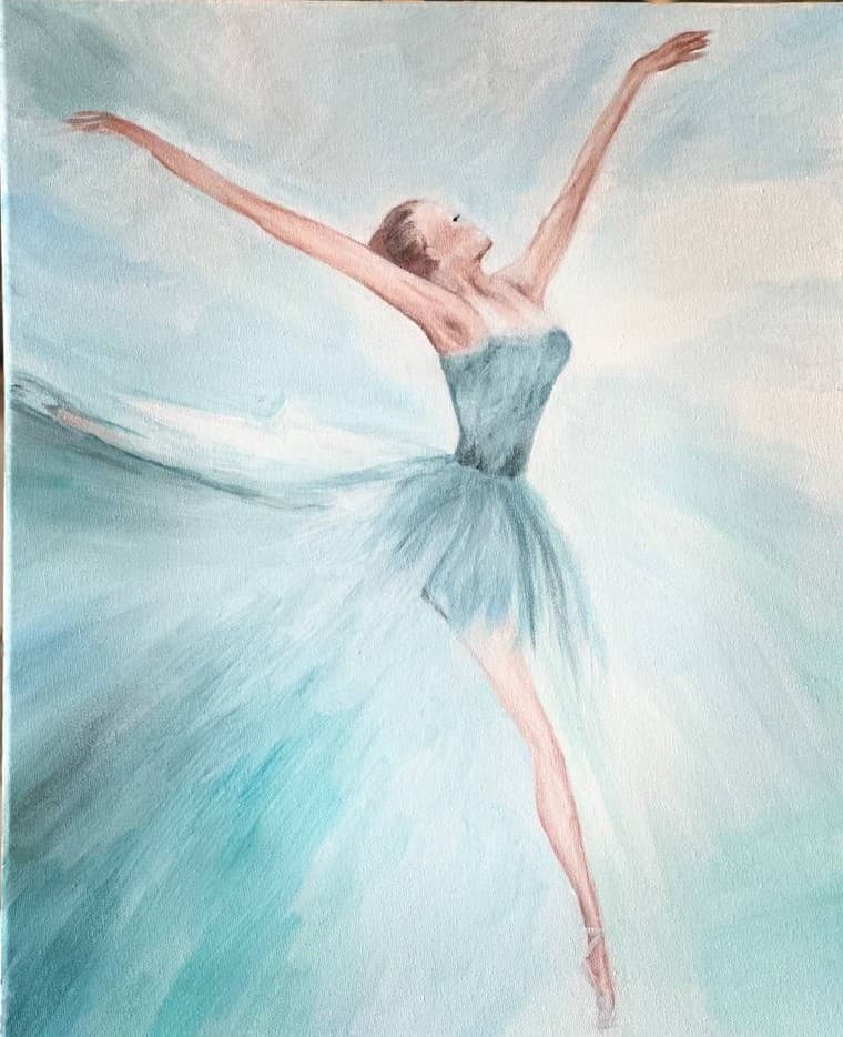 A dancer in a pale blue tutu at the top of a lift, both arms open and head tipped back. The skirt breaks into brushstrokes of turquoise and cream that carry on into the background.